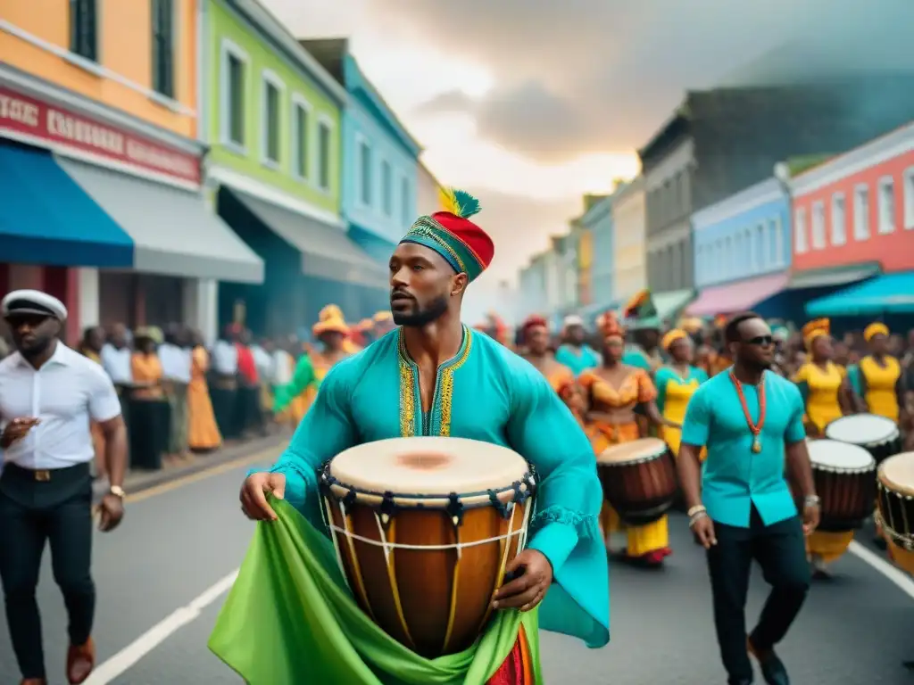 Desfile callejero caribeño: músicos con trajes tradicionales africanos y tambores