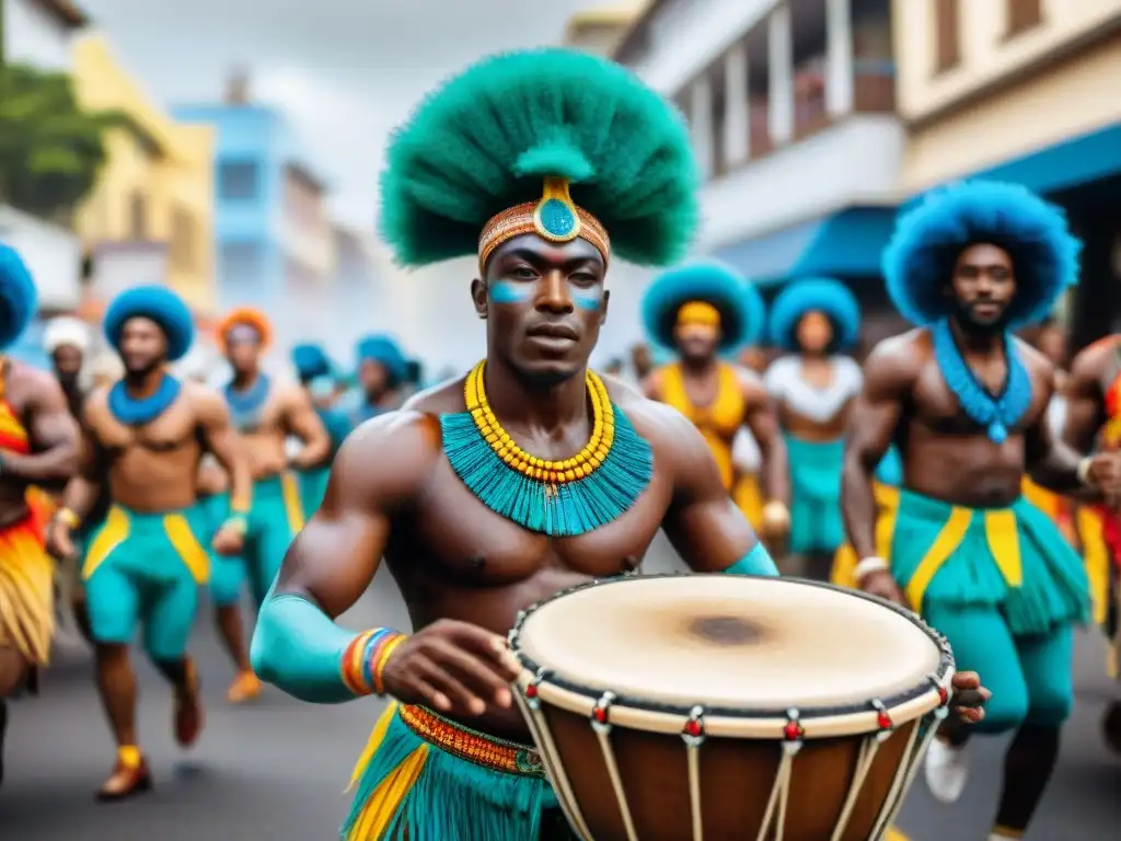 Desfile callejero vibrante en Brasil durante el Carnaval, destaca la Africanidad en la diáspora con danzas y tambores africanos