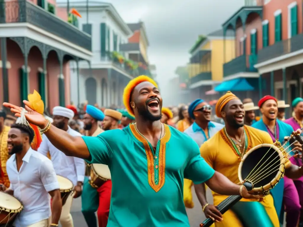 Desfile callejero vibrante en Nueva Orleans con música africana y danzas multiculturales