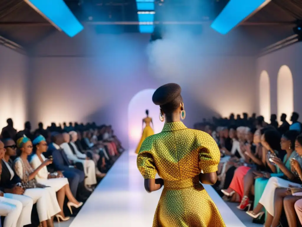 Desfile de diseñadores africanos redefiniendo la moda global con diseños innovadores y vibrantes, en una atmósfera electrizante