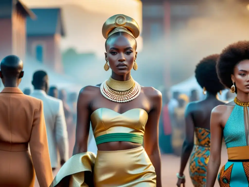 Desfile de moda al aire libre en África con diseños lujosos y modelos diversos desfilando con confianza