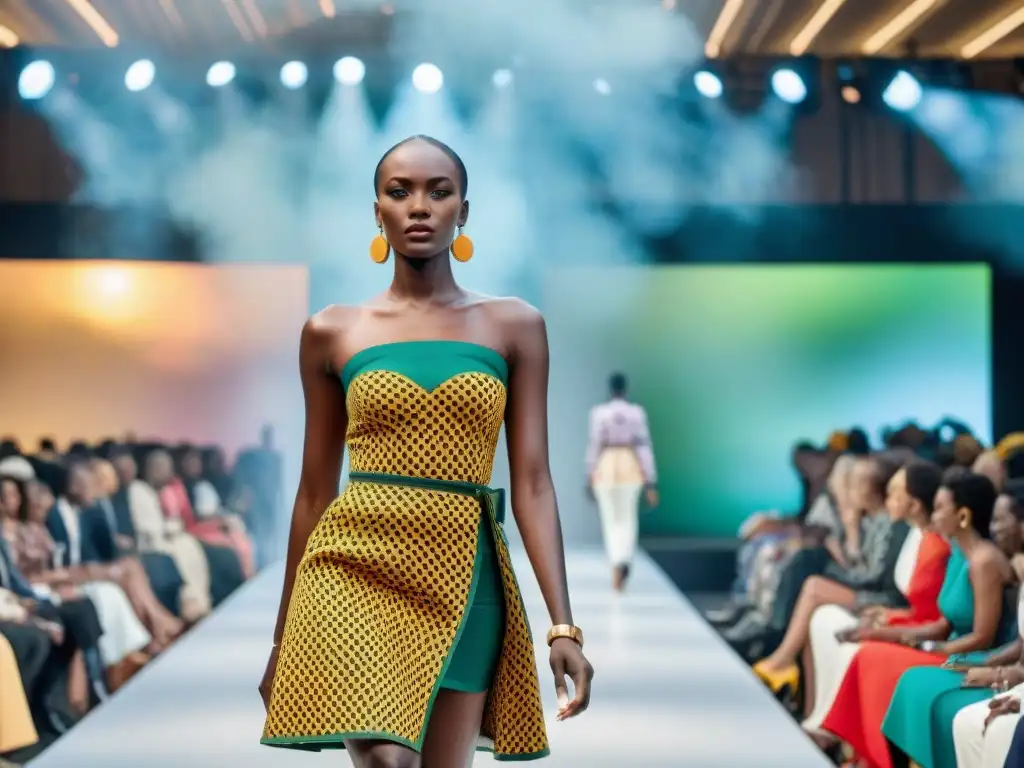 Desfile de moda al aire libre en África, con modelos luciendo trajes tradicionales coloridos