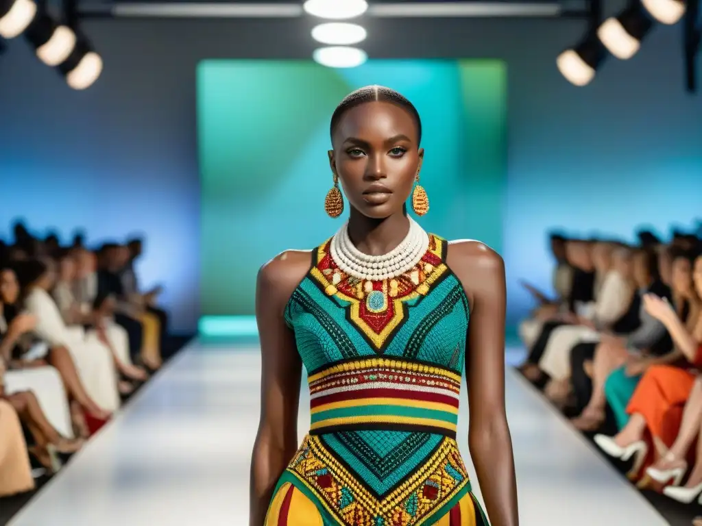 Desfile de moda con influencia de la moda tradicional africana, modelos desfilan con diseños vibrantes y elegantes