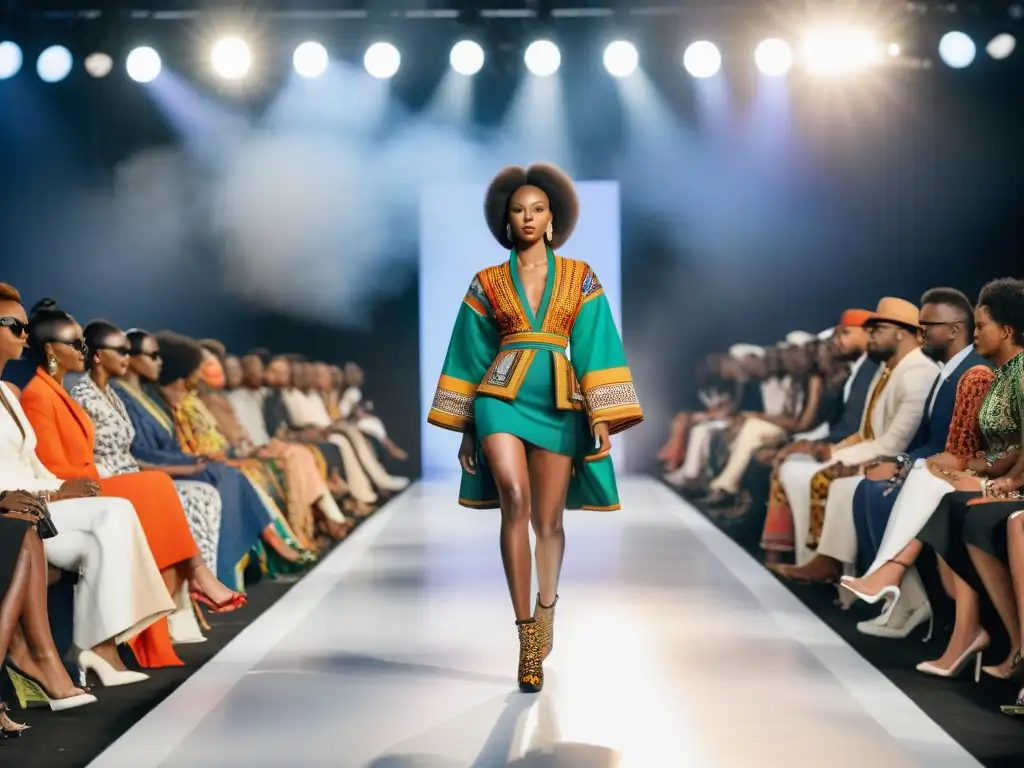 Desfile de moda con influencia de textiles africanos y moda internacional, fusión de culturas y estilos vibrantes