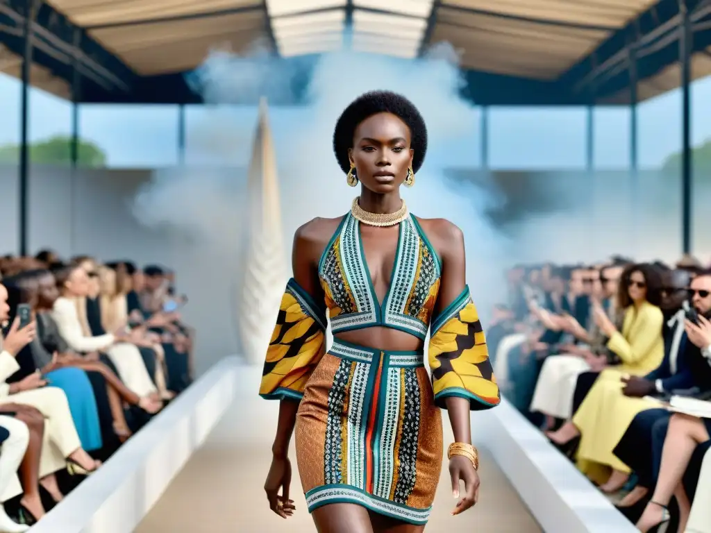 Desfile de moda de lujo con influencia de patrones africanos en París, fusionando tradiciones en prendas y pasarela