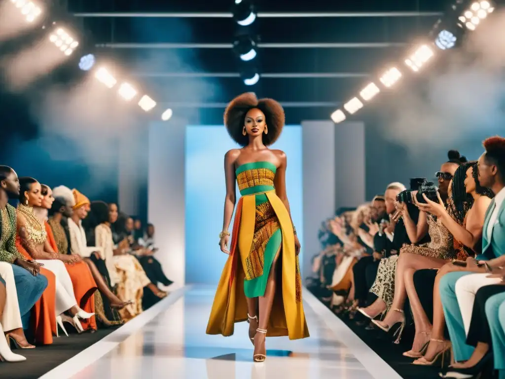 Desfile de moda con modelos africanos rompen moldes belleza, exhibiendo prendas vibrantes en pasarela internacional