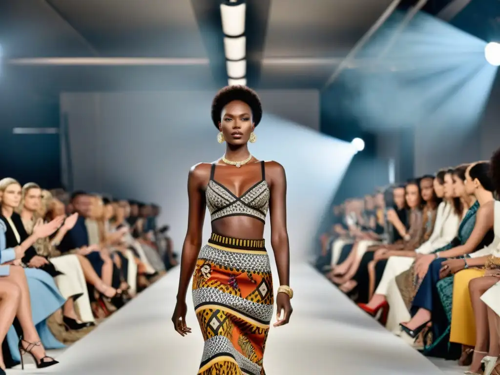 Desfile de moda en París fusionando patrones africanos en marcas de lujo, modelo africana con atuendo impactante