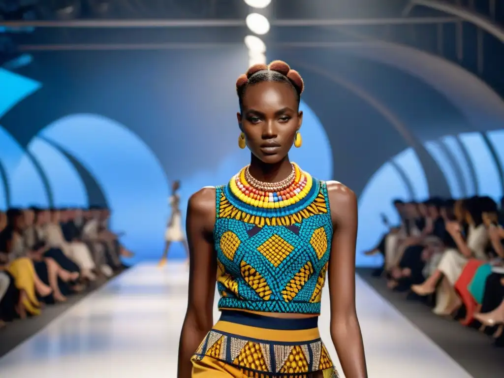 Desfile de moda vibrante con modelos luciendo prendas únicas que fusionan arte africano en la moda