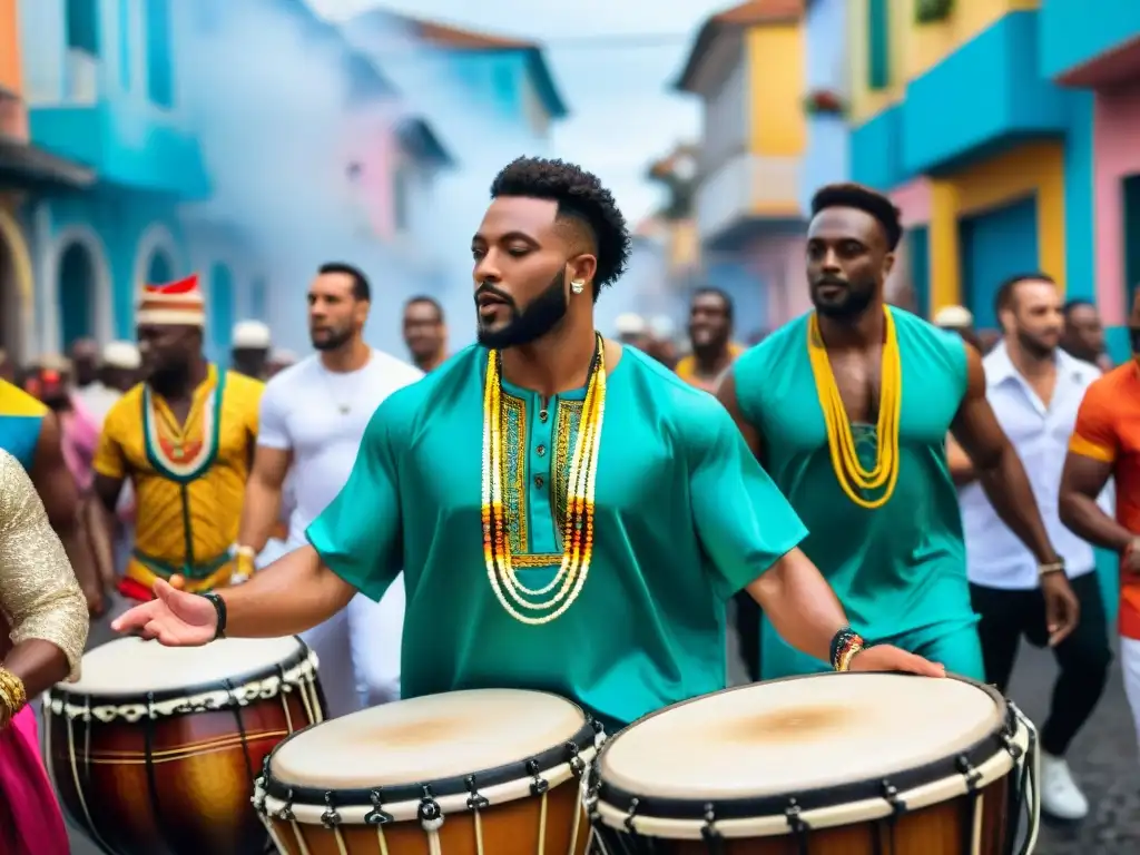 Desfile vibrante de Carnaval en Salvador, Brasil, con músicos afrobrasileños y espectadores diversos