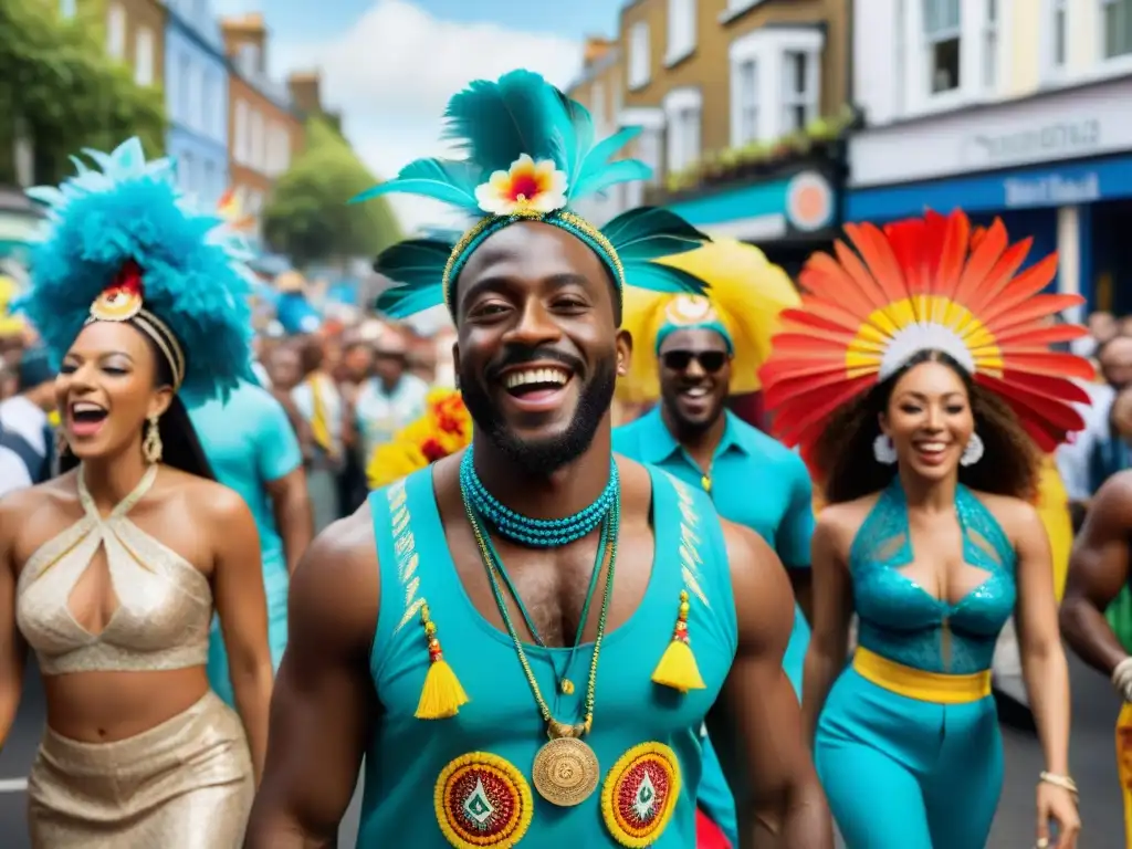 Desfile vibrante en el Carnaval de Notting Hill en Londres, con trajes caribeños y tambores de acero