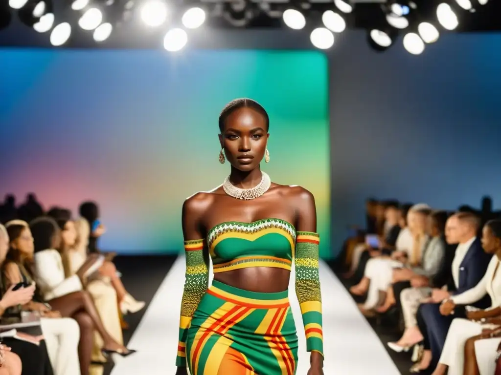 Desfile vibrante de diseñadores africanos, moda global redefiniendo con modelos y audiencia diversa