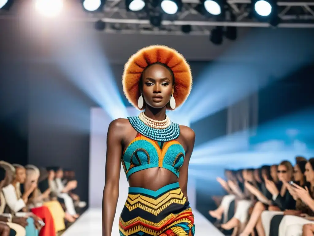 Desfile vibrante en evento de moda en África, modelos con diseños tradicionales y contemporáneos