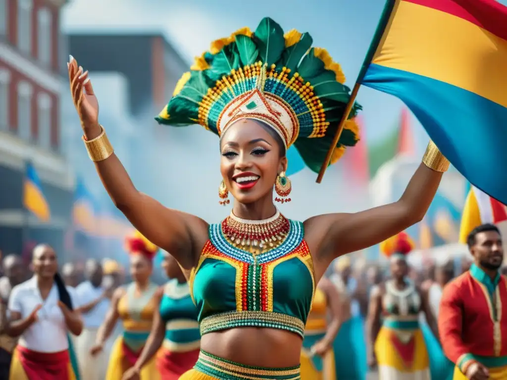 Desfile vibrante en el Festival AfroLatino, fusionando culturas de diáspora de continentes en coloridos trajes y bailes