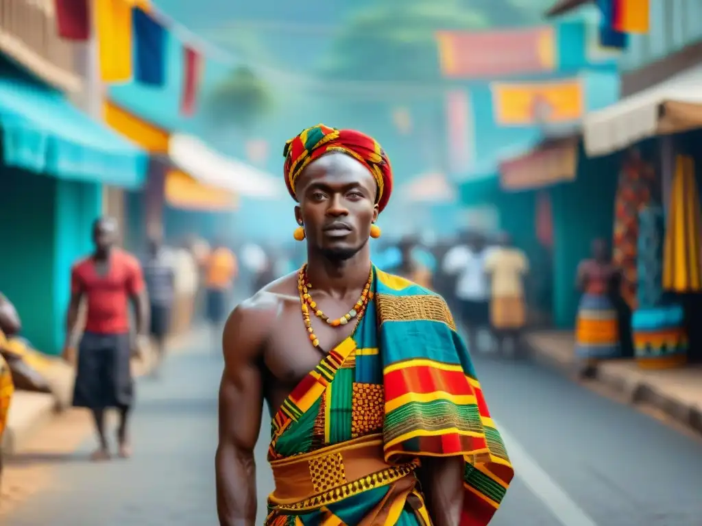 Desfile vibrante en el Festival Kente en Ghana, con locales bailando en trajes tradicionales