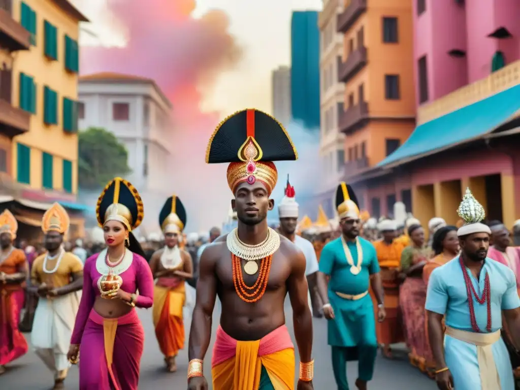 Un desfile vibrante durante un festival religioso, fusionando símbolos africanos y católicos en el Panteón africano en sincretismo