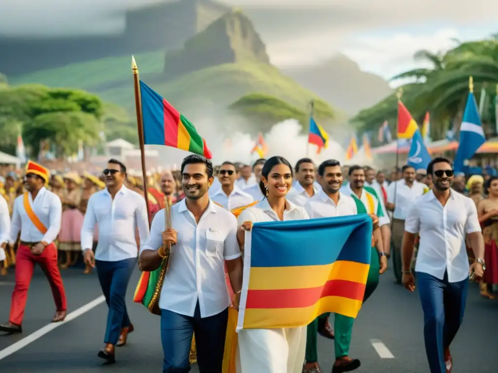 Desfile vibrante en la independencia de Mauricio en 1968, culturas unidas en celebración