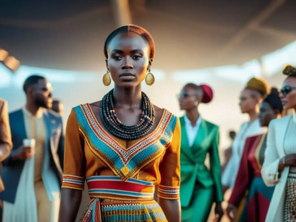 Desfile vibrante de moda africana innovadora y sostenible en diáspora, con diseñadores y público diverso emocionados