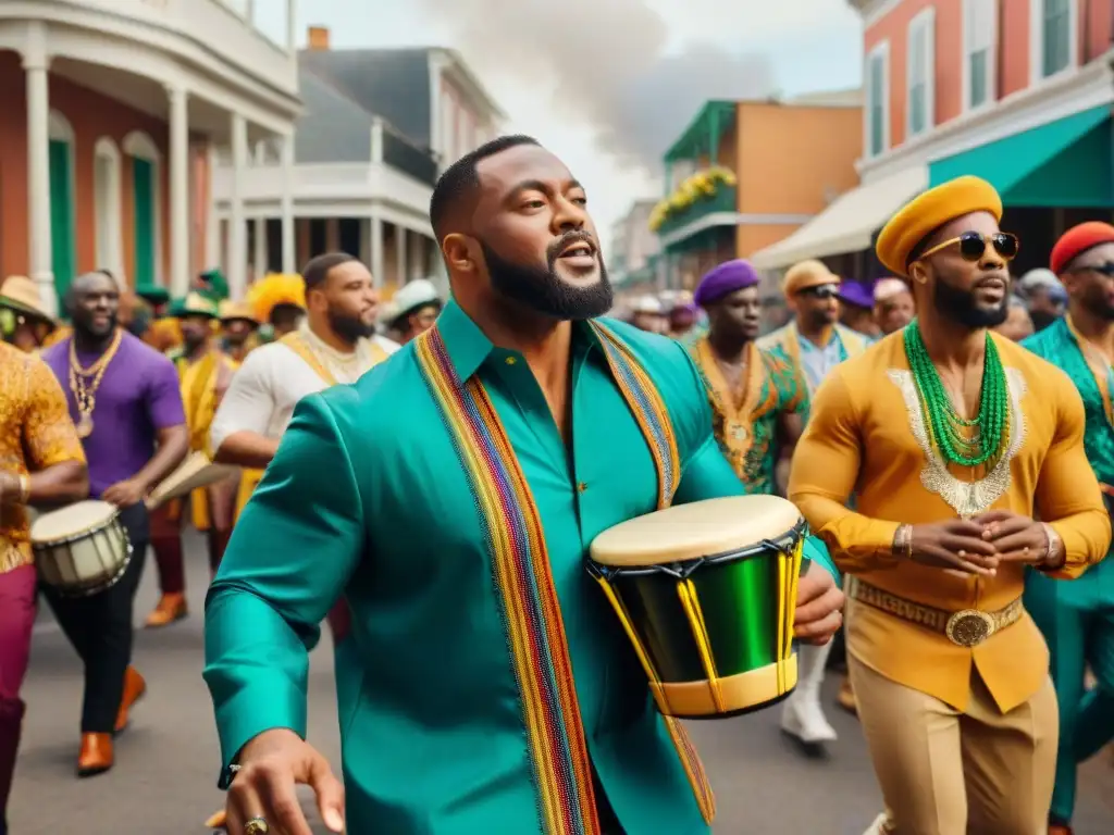 Desfile vibrante en Nueva Orleans durante Mardi Gras con músicos africanos tocando djembes, tambores y kalimbas