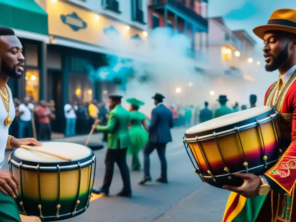 Desfile vibrante en Nueva Orleans durante Mardi Gras con músicos de diásporas africanas