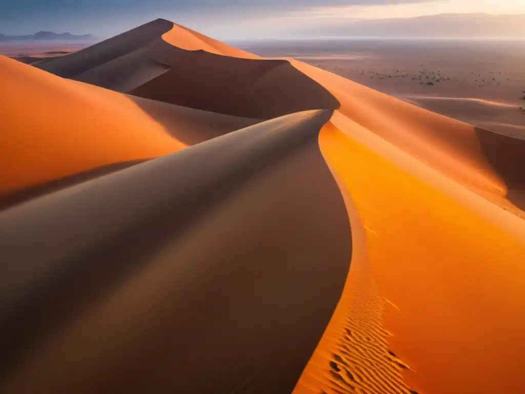 Desierto del Sahara al atardecer, con camellos cruzando paisaje árido