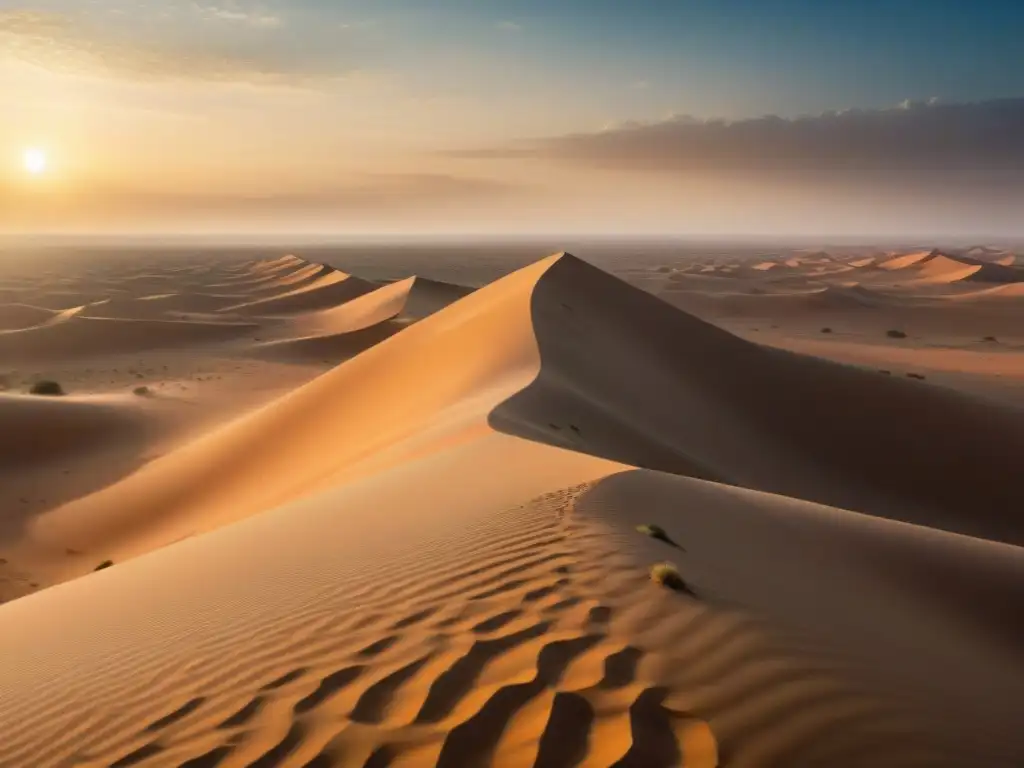 Desierto implacable del Sahel, con dunas, ruinas lejanas y la amenaza de civilizaciones africanas