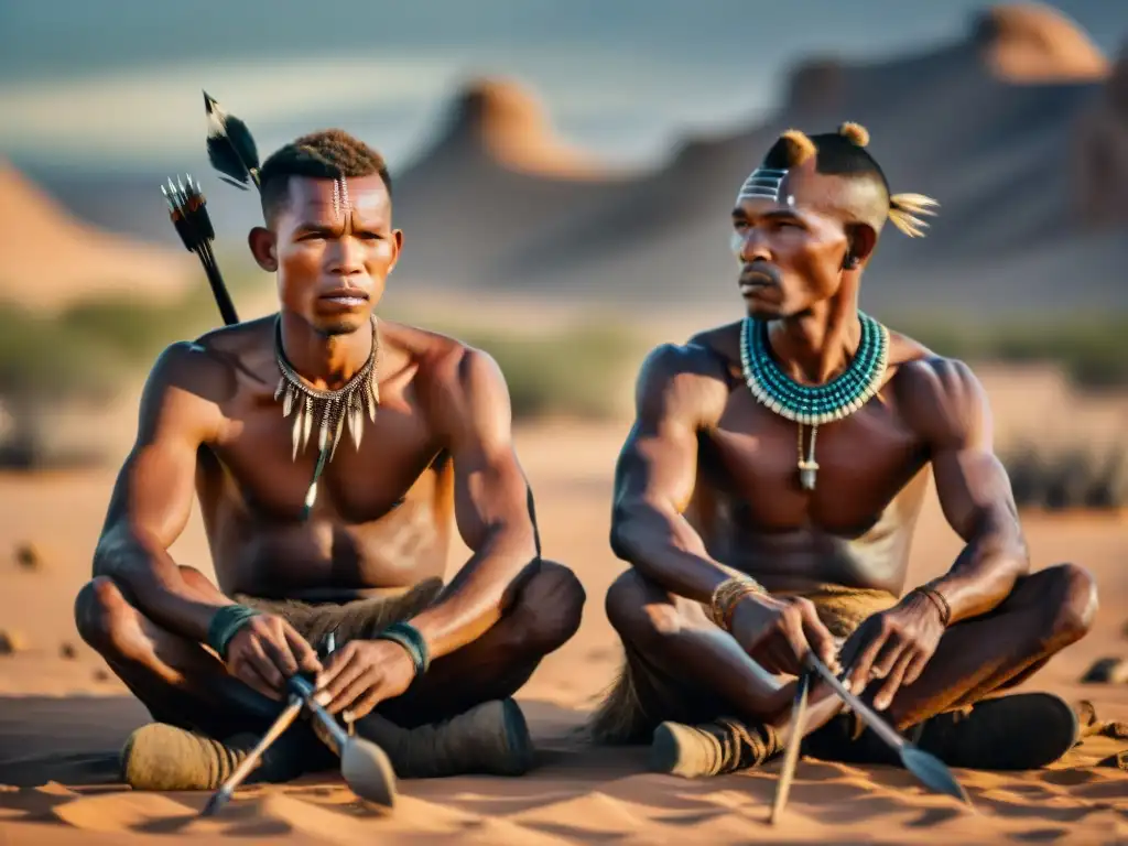 Cazadores San Bushmen en el Kalahari: tradición y destreza San Bushmen en el desierto del Kalahari, con vestimenta tradicional, preparando arcos y flechas