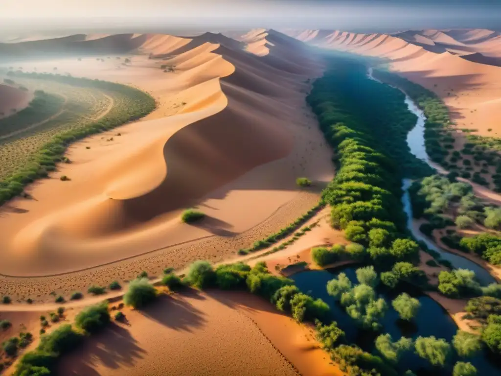 Desierto del Sahel: vista aérea con aldeas dispersas, ríos sinuosos y caravana de camellos