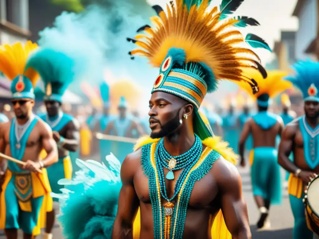 Deslumbrante desfile afrobrasileño, con vibrantes trajes y danzas, bajo el sol dorado