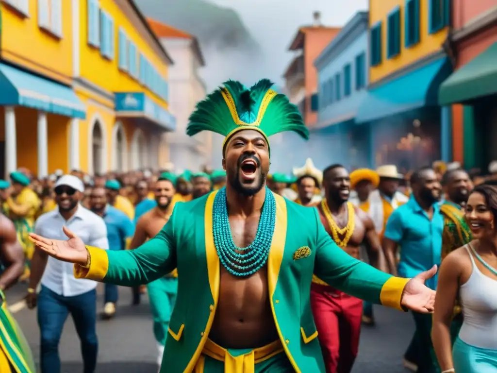 Deslumbrante desfile callejero brasileño durante Carnaval fusionando elementos culturales Yoruba con tradiciones de Brasil