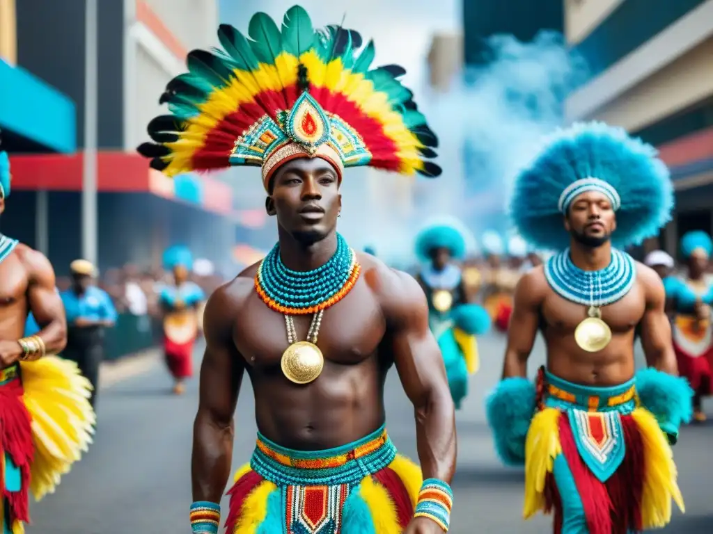 Deslumbrante desfile callejero en el carnaval AfroCaribeño, con trajes coloridos y energía contagiosa