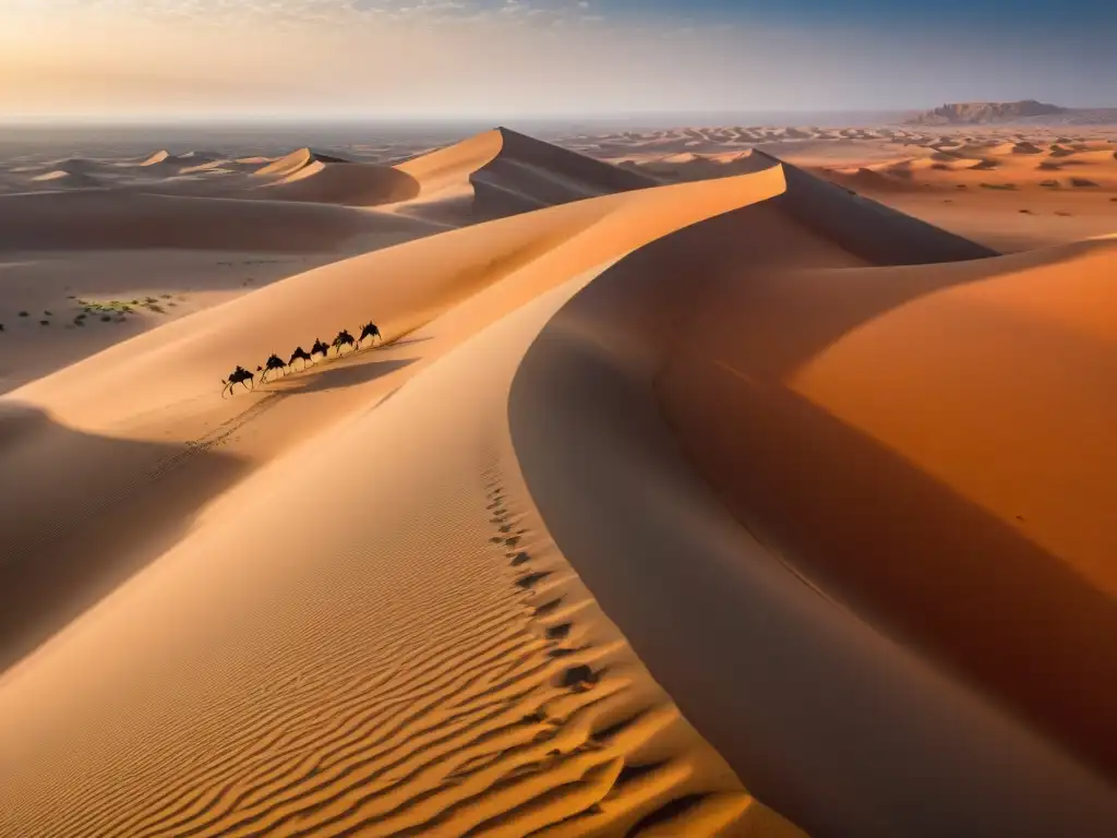 Deslumbrante desierto del Sahara con dunas doradas y caravana de camellos