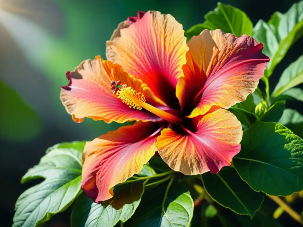 Deslumbrante hibisco africano antioxidante beneficios en flor bajo el sol brillante, mostrando sus delicados pétalos y estambre intrincado