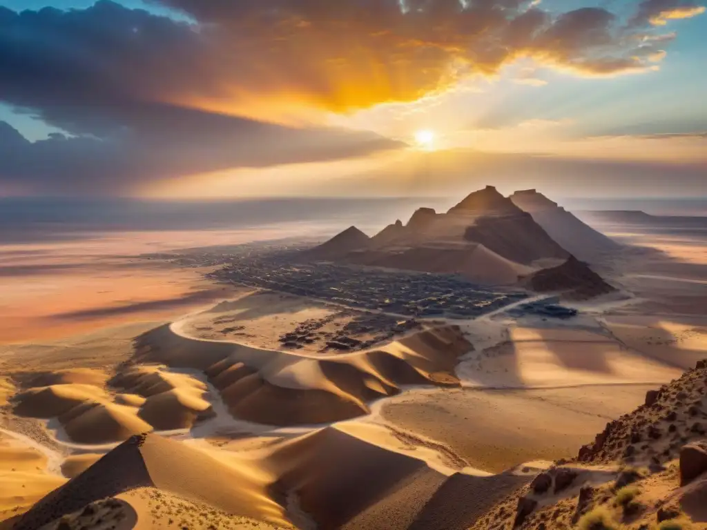 Deslumbrante paisaje de las Minas de oro de Nubia al amanecer, con ruinas y equipo minero entre el desierto dorado y el cielo azul intenso