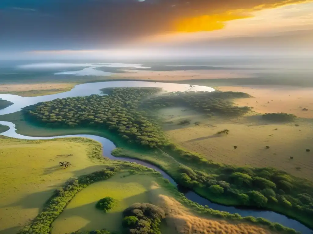 Una deslumbrante vista aérea de la sabana africana con elefantes, jirafas y cebras al atardecer