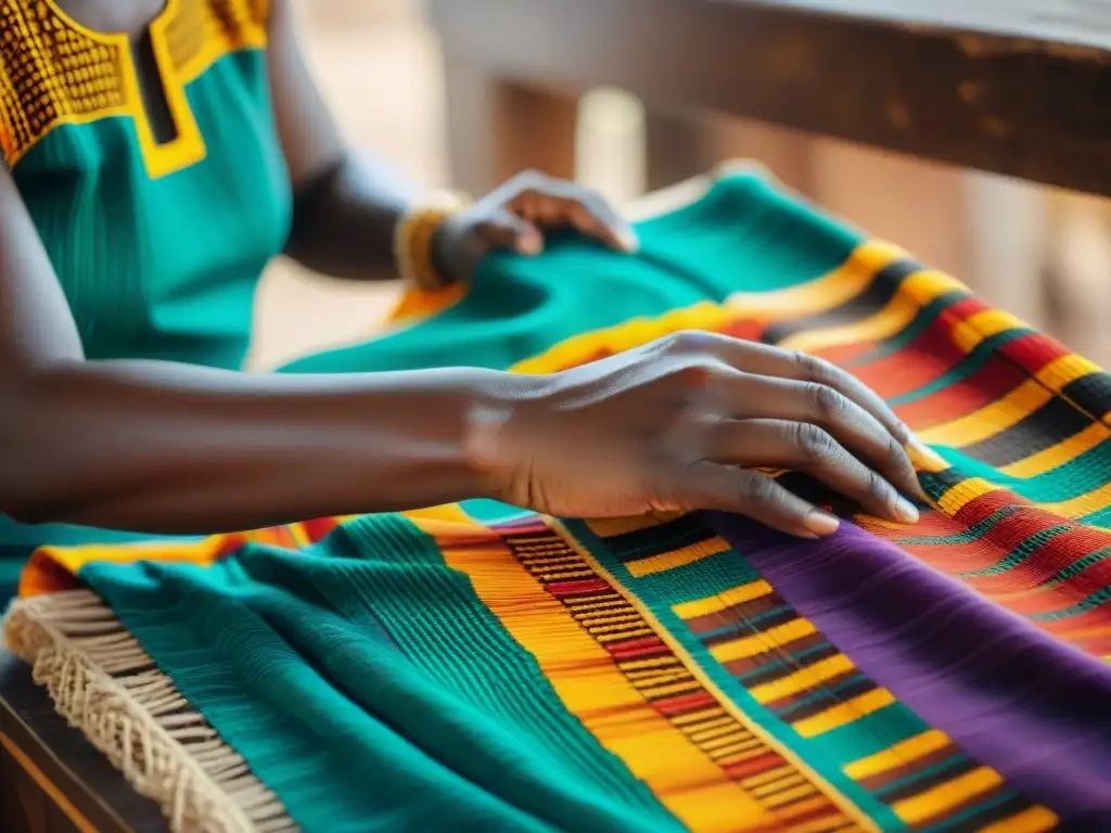 Teje con destreza un colorido y detallado paño Kente en Ghana, mostrando el arte africano, símbolo de resistencia y unidad