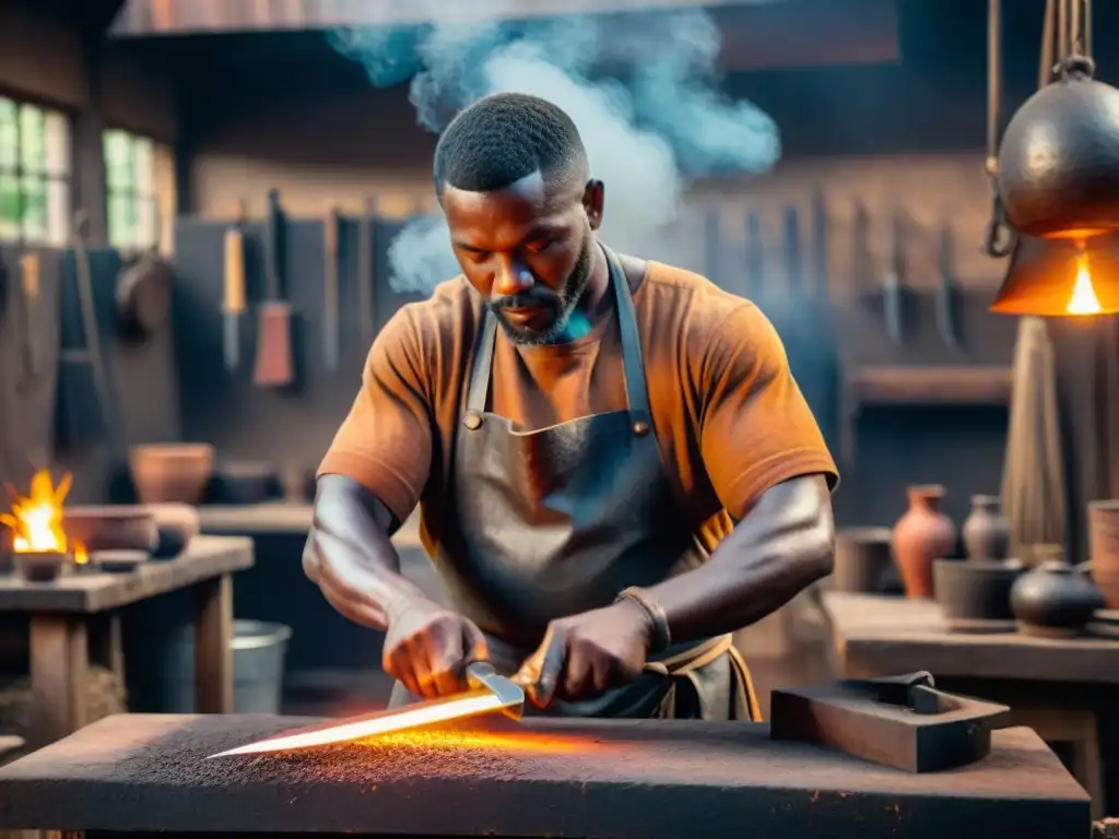 Un hábil herrero africano forja con destreza una espada tradicional africana en su taller iluminado por el resplandor del horno