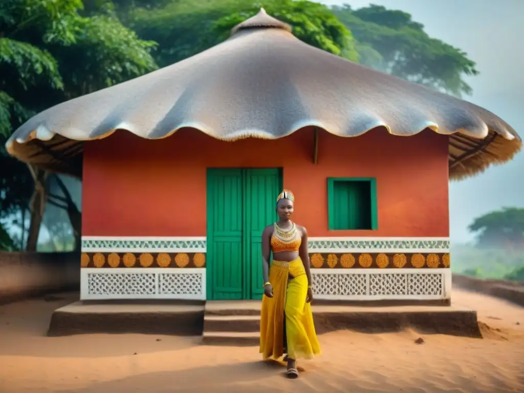 Detallada arquitectura casas conchas Benín, casa tradicional de conchas rodeada de naturaleza exuberante y colores vibrantes