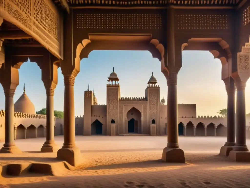 Detallada arquitectura precolonial de la Gran Mezquita de Djenné en Mali, con minaretes y vigas de madera, bajo un vibrante atardecer africano