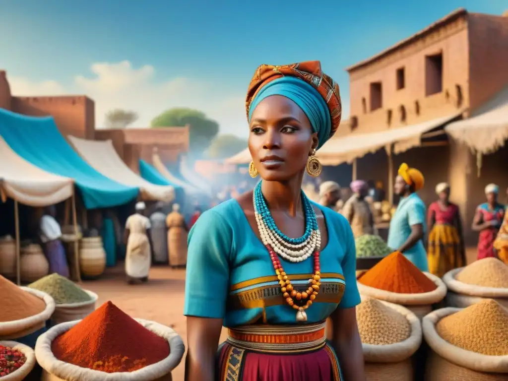 Ilustración detallada de un bullicioso mercado en una antigua civilización africana