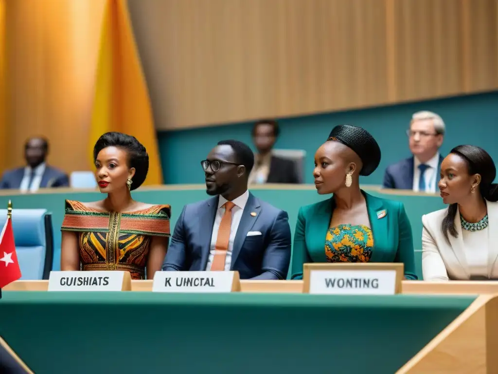 Representación detallada de diplomáticos africanos en conferencia de la ONU, unidos por la influencia global de civilizaciones africanas en diplomacia