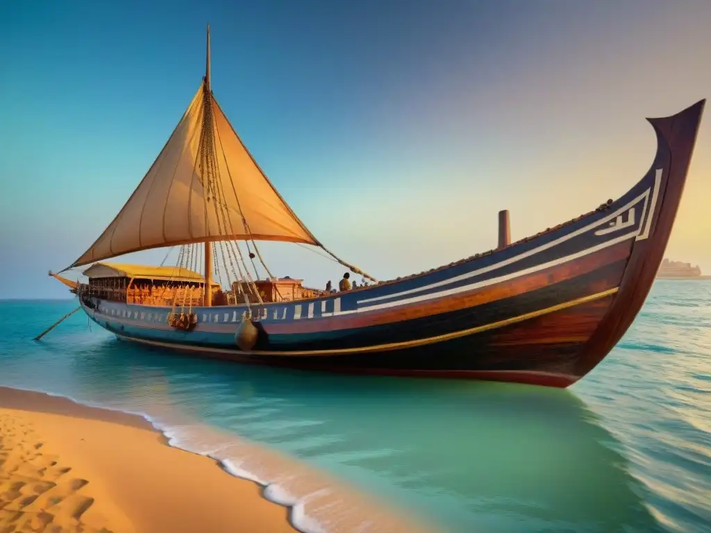 Detallada imagen de un antiguo dhow somalí en un puerto bullicioso al atardecer, destacando las Tecnologías de navegación antigua Somalia