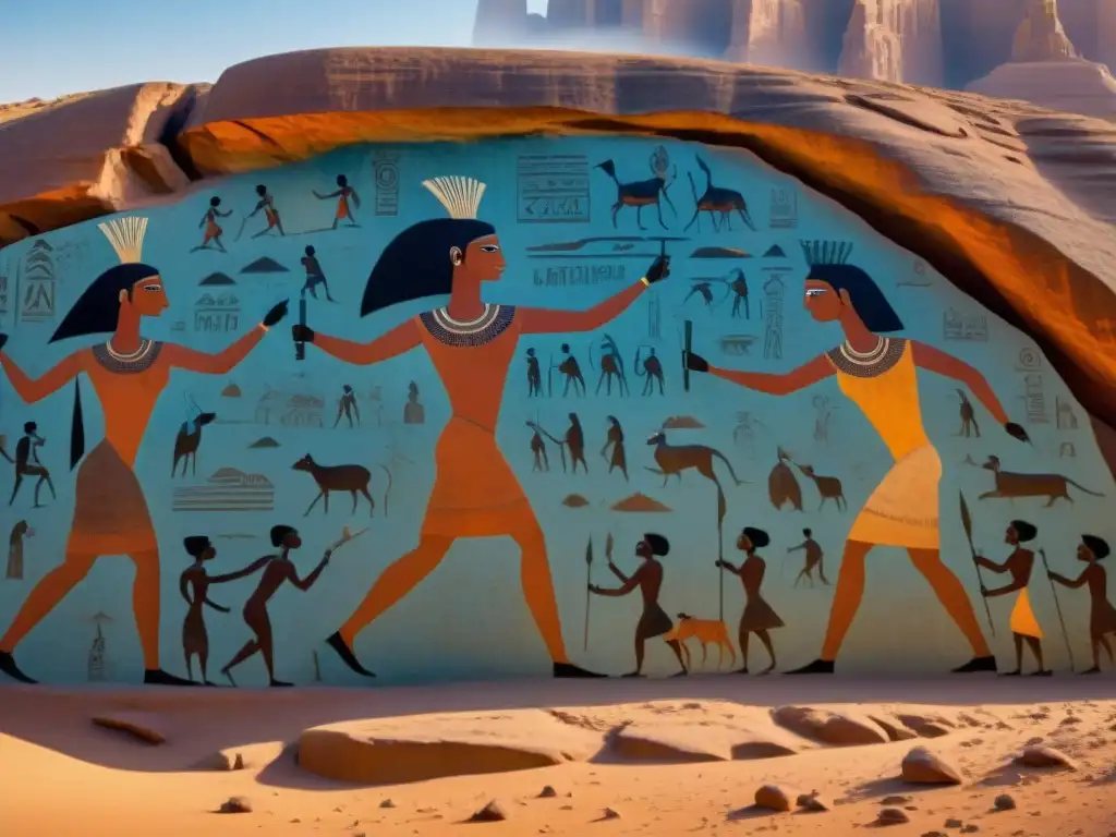 Detallada imagen de arte rupestre en Tassili n'Ajjer con escenas de caza, recolección y baile