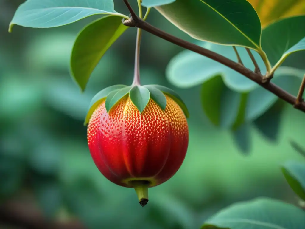 Detallada imagen de fruto maduro de Kigelia africana colgando del árbol, resaltando su forma alargada, textura áspera y color rojizo