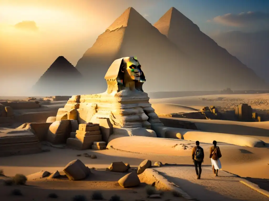 Misterioso amanecer en la Gran Esfinge de Giza Detallada imagen del Gran Esfinge de Giza al amanecer, mostrando su enigmática expresión y la historia de la religión egipcia antigua misteriosamente