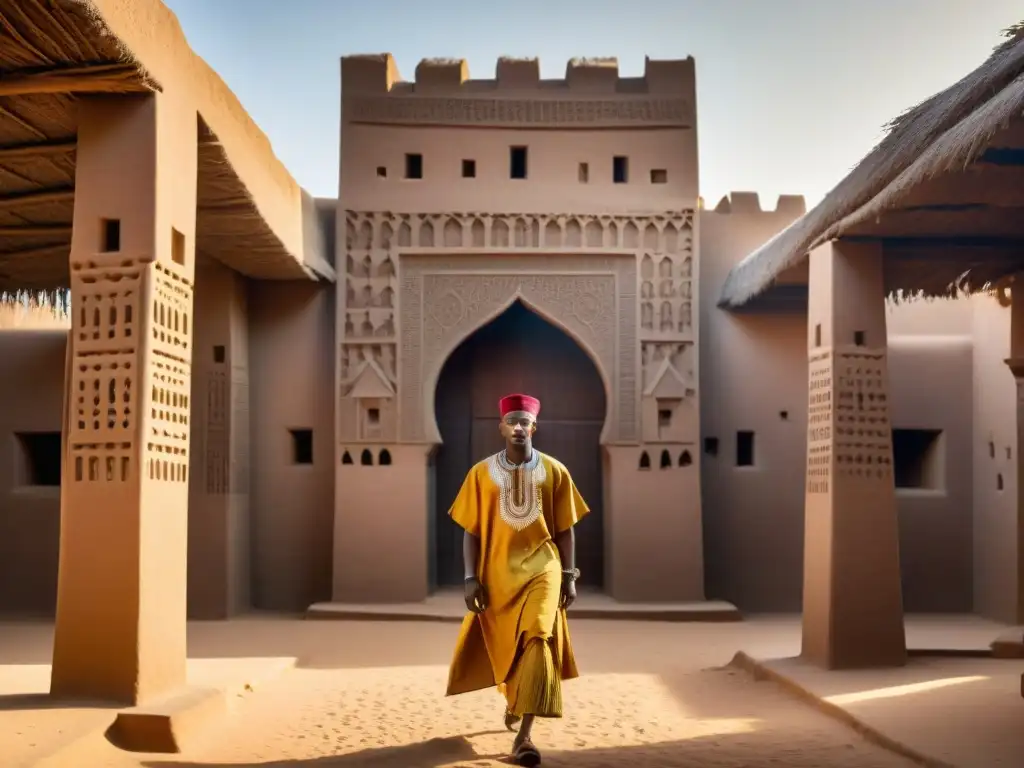 Detallada imagen de la Gran Mezquita de Djenné al atardecer, resaltando los principios constructivos de la arquitectura africana