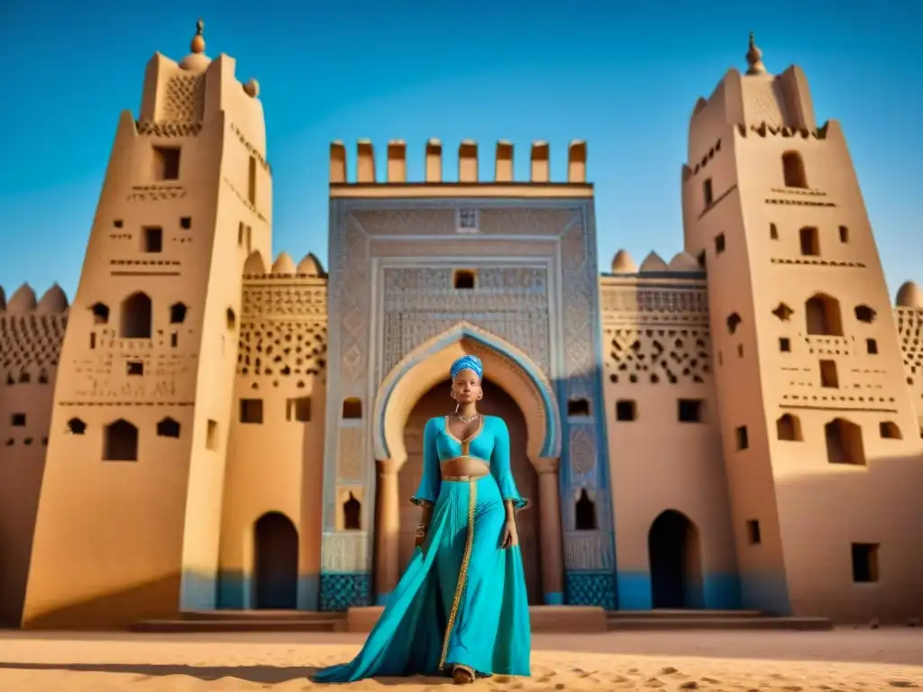 Detallada imagen 8k de la Gran Mezquita de Djenné en Mali, con arquitectura sostenible y diseño africano ancestral bajo cielo azul vibrante