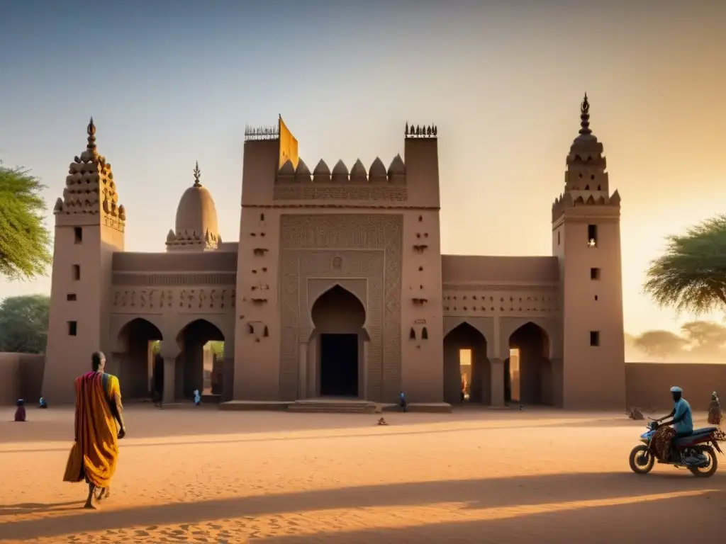 Detallada imagen de la Gran Mezquita de Djenné en Mali con su arquitectura de adobe, minaretes y bullicioso mercado