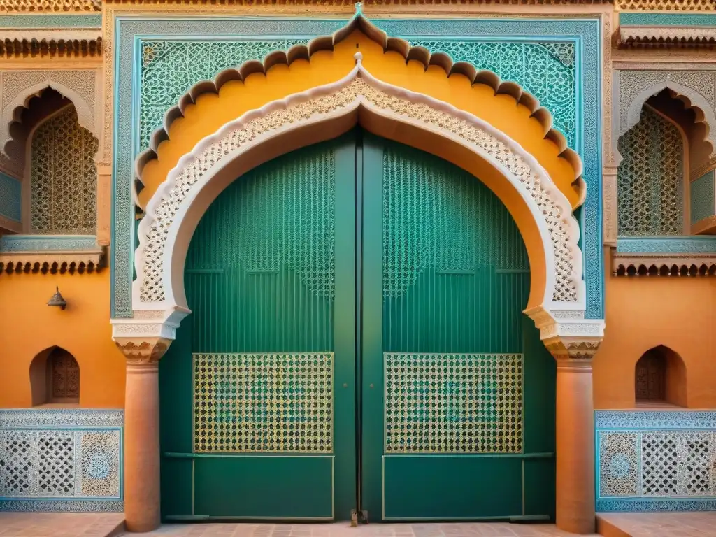 Detallada imagen de la ornamentada puerta Bab Mansour en Meknès, reflejo del esplendor del Imperio Alauita historia Meknès bajo el sol marroquí