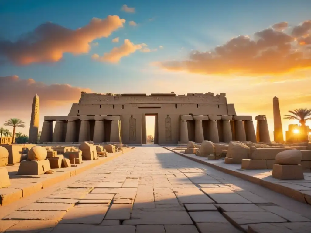 Detallada imagen del Templo de Karnak en Luxor al atardecer, con influencias griegas, romanas y egipcias