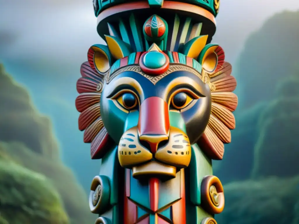 Detalle excepcional de tótem africano: leones, elefantes y aves esculpidos Una detallada imagen de un totem africano tallado con figuras de leones, elefantes y aves, mostrando el significado espiritual de los totems